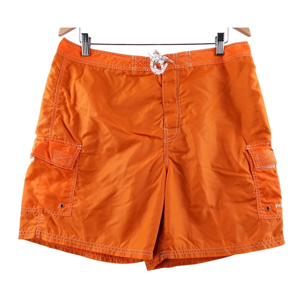 Polo Sport Ralph Lauren Orange Nylon Cargo‎ Swim Trunks Shorts Men Size 34 Y2K